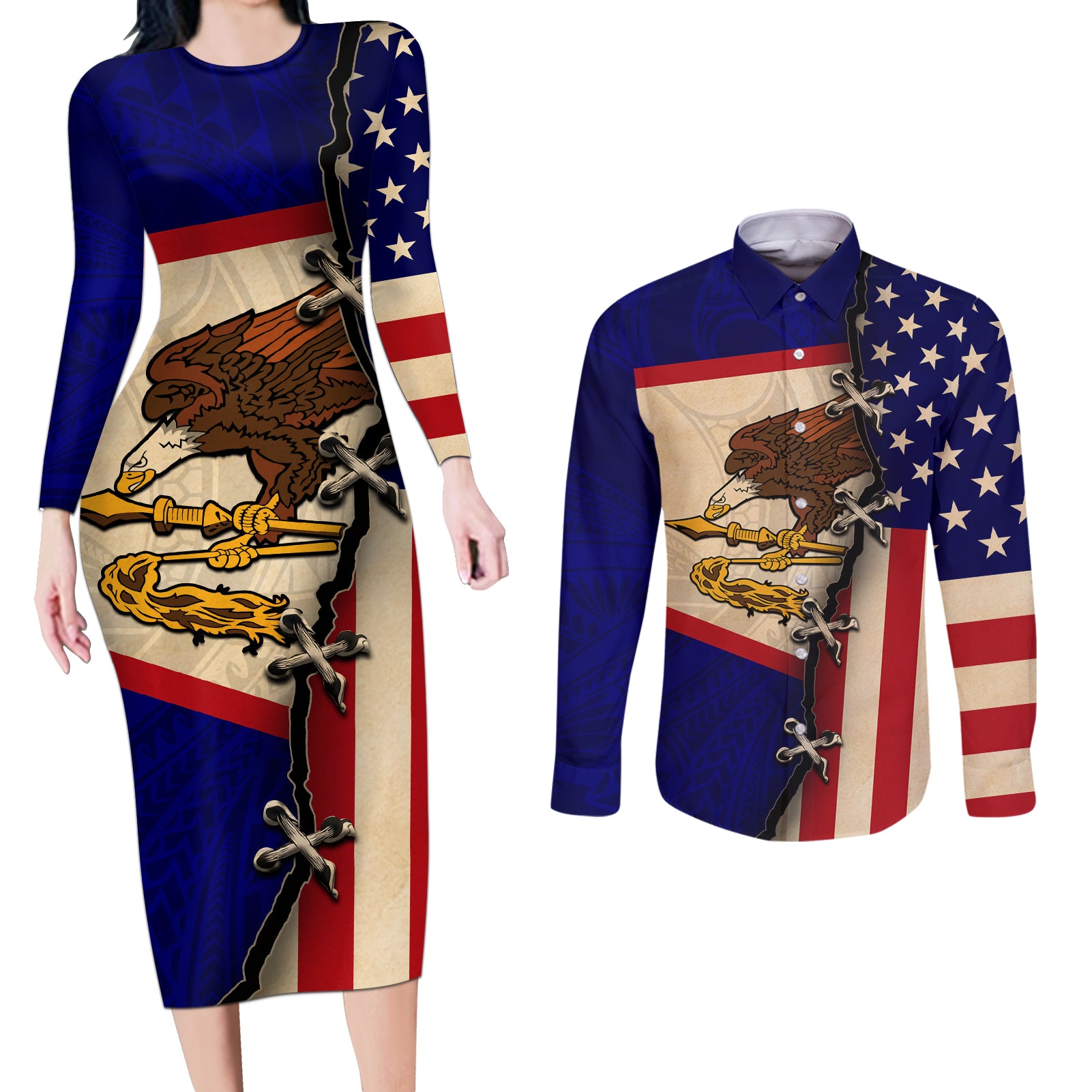 American Samoa Flag Day Couples Matching Long Sleeve Bodycon Dress and Long Sleeve Button Shirt Polynesian Tribal Pattern LT05 Blue - Polynesian Pride