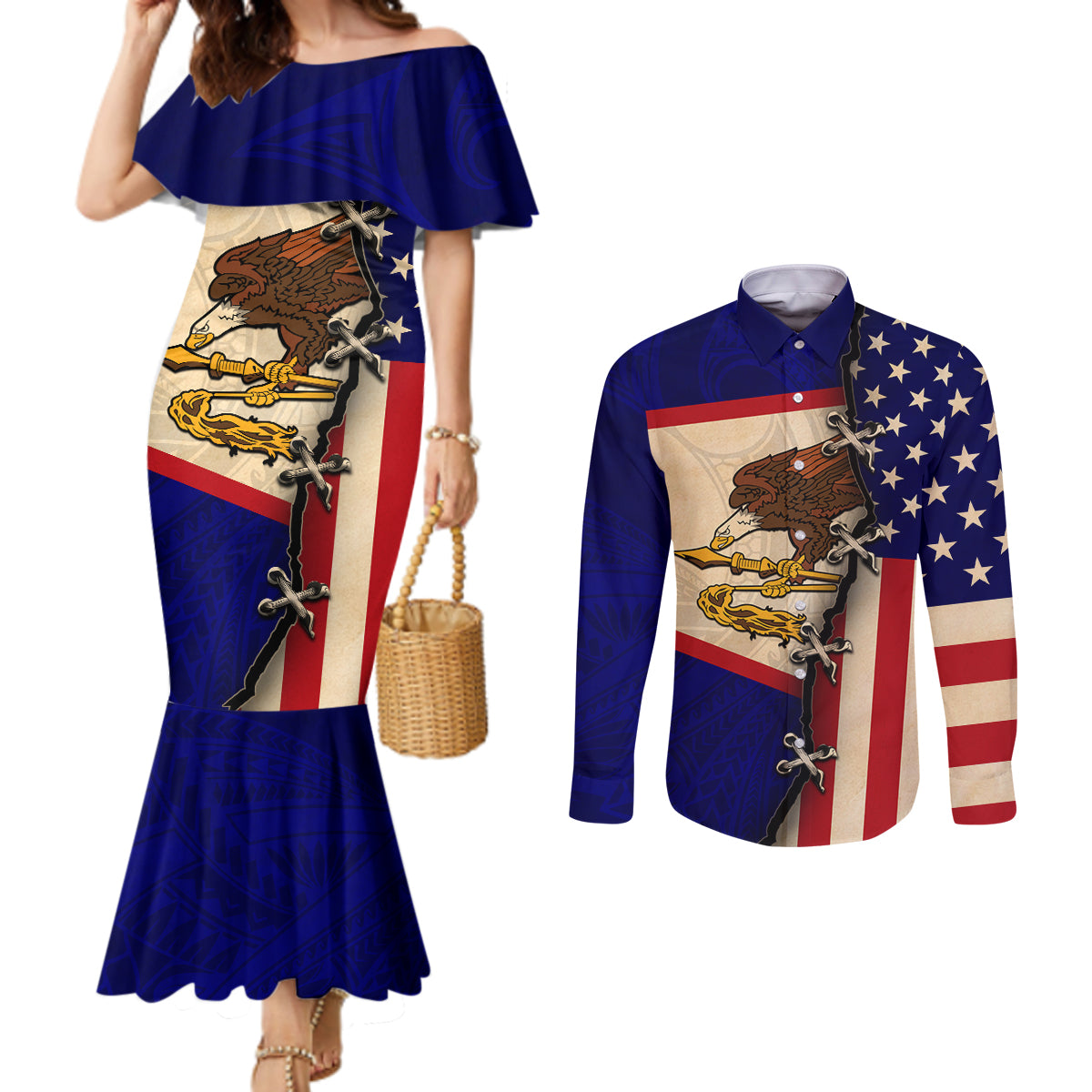 American Samoa Flag Day Couples Matching Mermaid Dress and Long Sleeve Button Shirt Polynesian Tribal Pattern LT05 Blue - Polynesian Pride