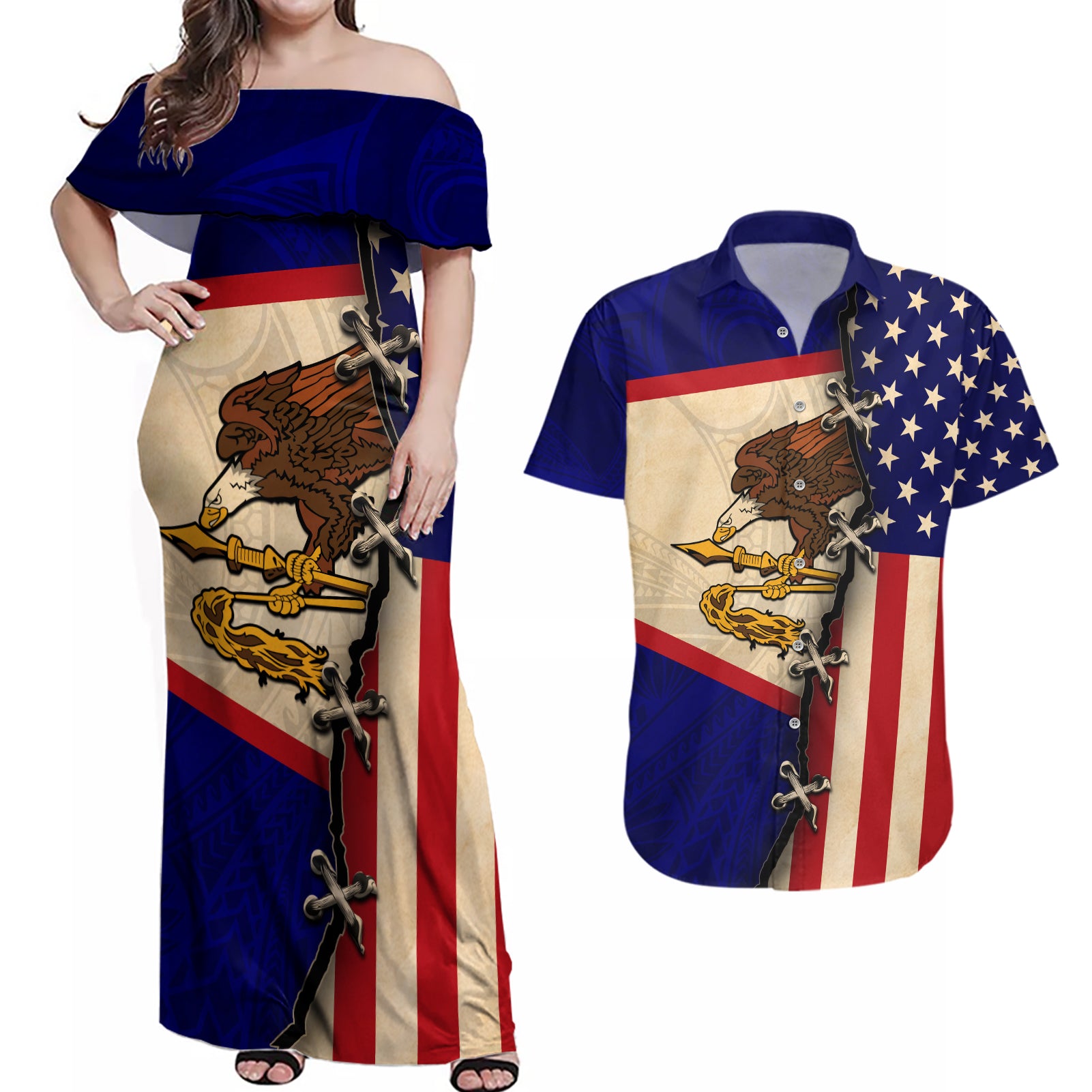 American Samoa Flag Day Couples Matching Off Shoulder Maxi Dress and Hawaiian Shirt Polynesian Tribal Pattern LT05 Blue - Polynesian Pride