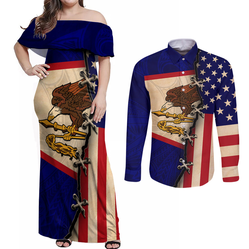 American Samoa Flag Day Couples Matching Off Shoulder Maxi Dress and Long Sleeve Button Shirt Polynesian Tribal Pattern LT05 Blue - Polynesian Pride