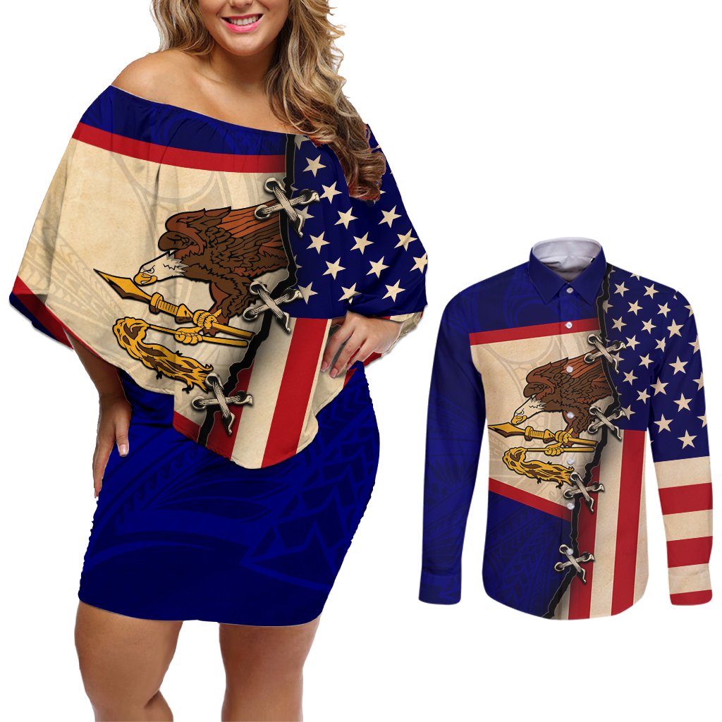 American Samoa Flag Day Couples Matching Off Shoulder Short Dress and Long Sleeve Button Shirt Polynesian Tribal Pattern LT05 Blue - Polynesian Pride