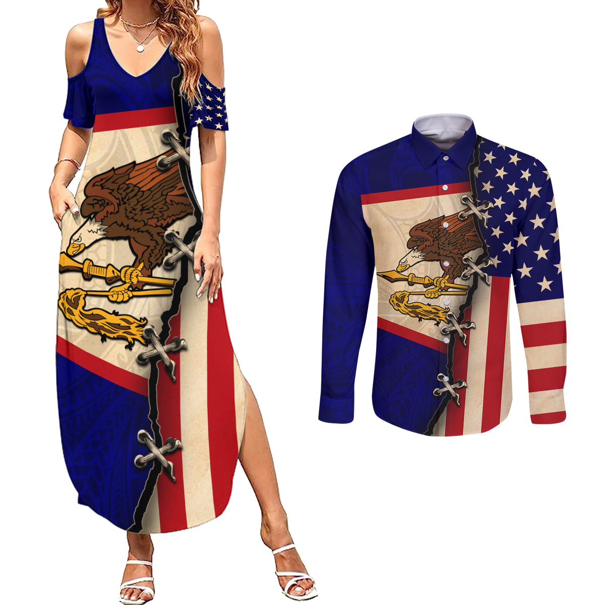 American Samoa Flag Day Couples Matching Summer Maxi Dress and Long Sleeve Button Shirt Polynesian Tribal Pattern LT05 Blue - Polynesian Pride