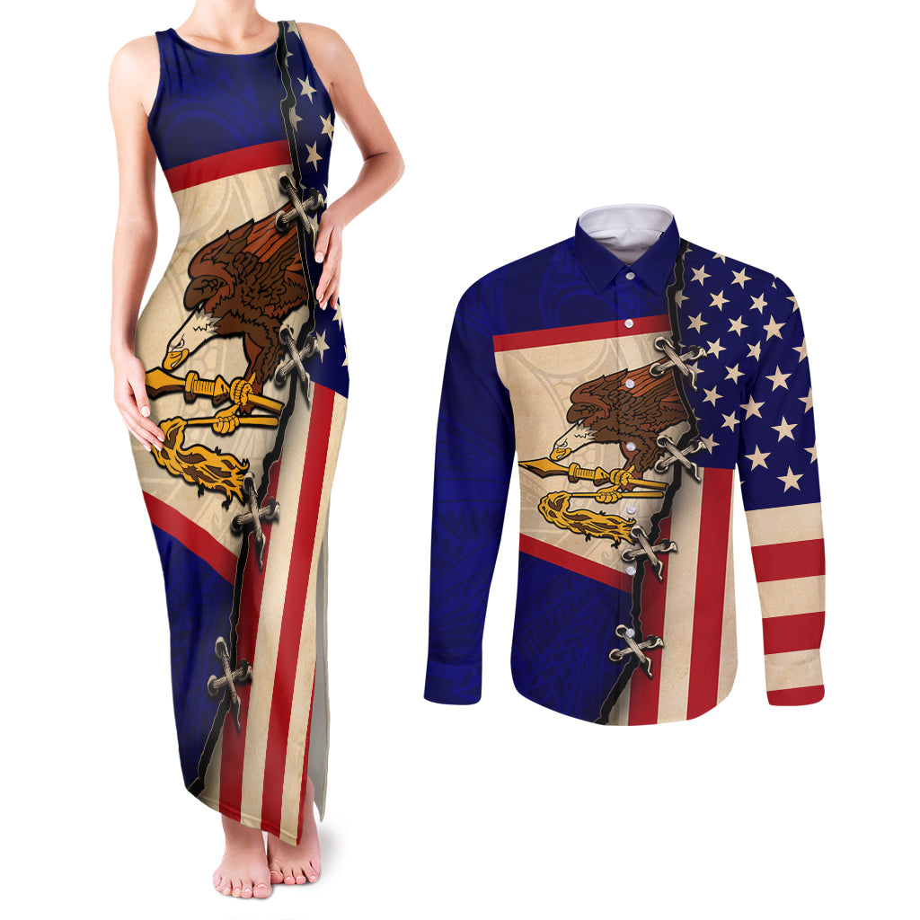 American Samoa Flag Day Couples Matching Tank Maxi Dress and Long Sleeve Button Shirt Polynesian Tribal Pattern LT05 Blue - Polynesian Pride