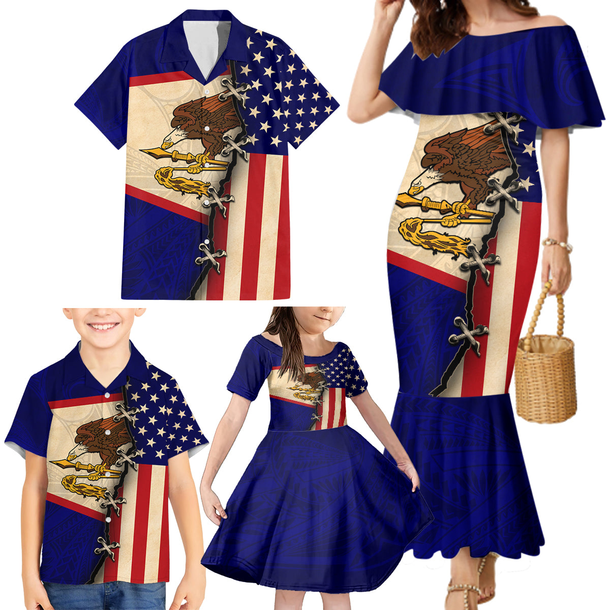 American Samoa Flag Day Family Matching Mermaid Dress and Hawaiian Shirt Polynesian Tribal Pattern LT05 - Polynesian Pride