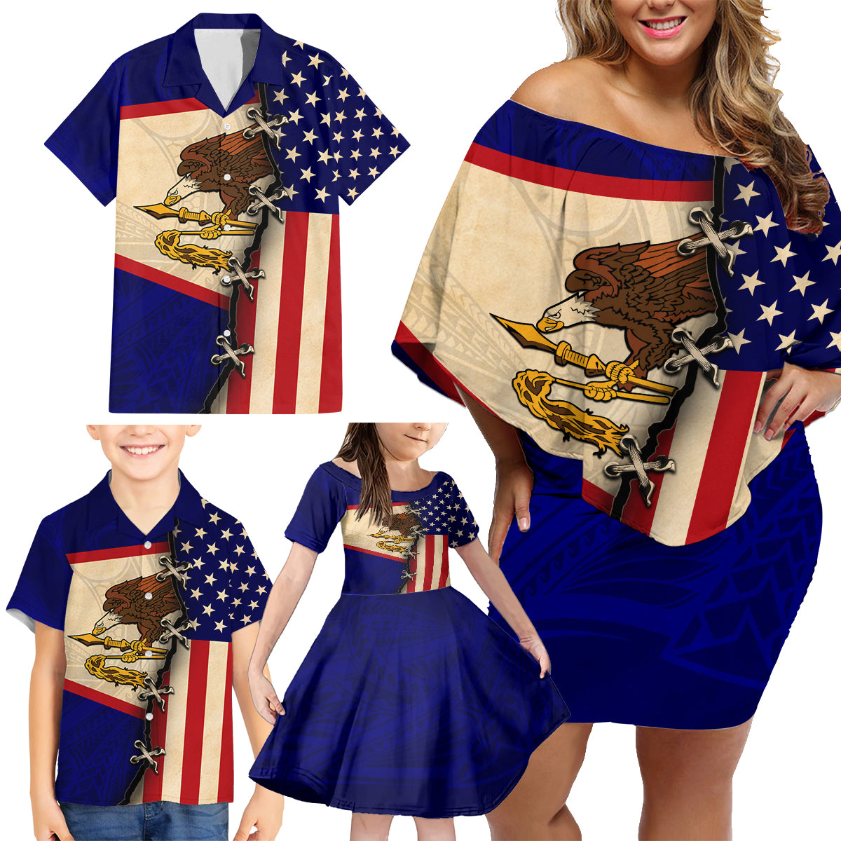 American Samoa Flag Day Family Matching Off Shoulder Short Dress and Hawaiian Shirt Polynesian Tribal Pattern LT05 - Polynesian Pride