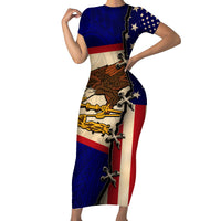 American Samoa Flag Day Short Sleeve Bodycon Dress Polynesian Tribal Pattern LT05 Long Dress Blue - Polynesian Pride
