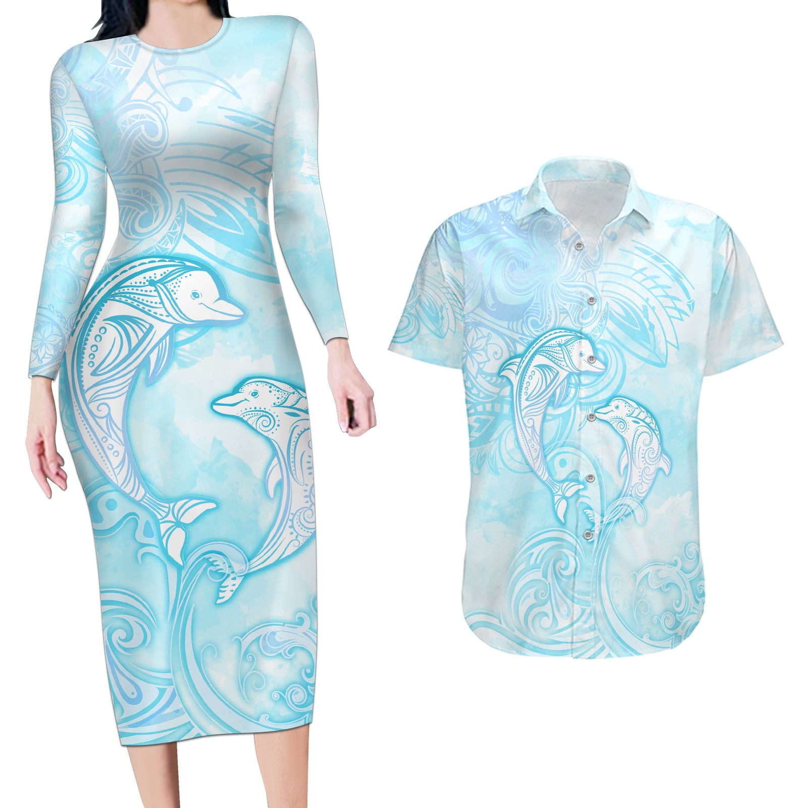 Polynesia Dolphins Under The Sea Couples Matching Long Sleeve Bodycon Dress and Hawaiian Shirt Simple Style LT05 Baby Blue - Polynesian Pride