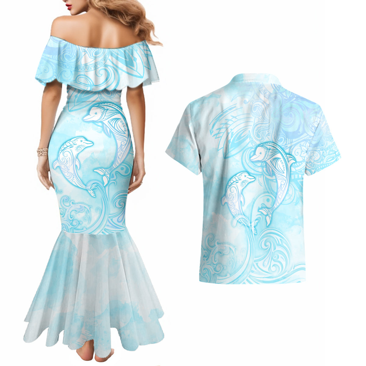 Polynesia Dolphins Under The Sea Couples Matching Mermaid Dress and Hawaiian Shirt Simple Style LT05 - Polynesian Pride