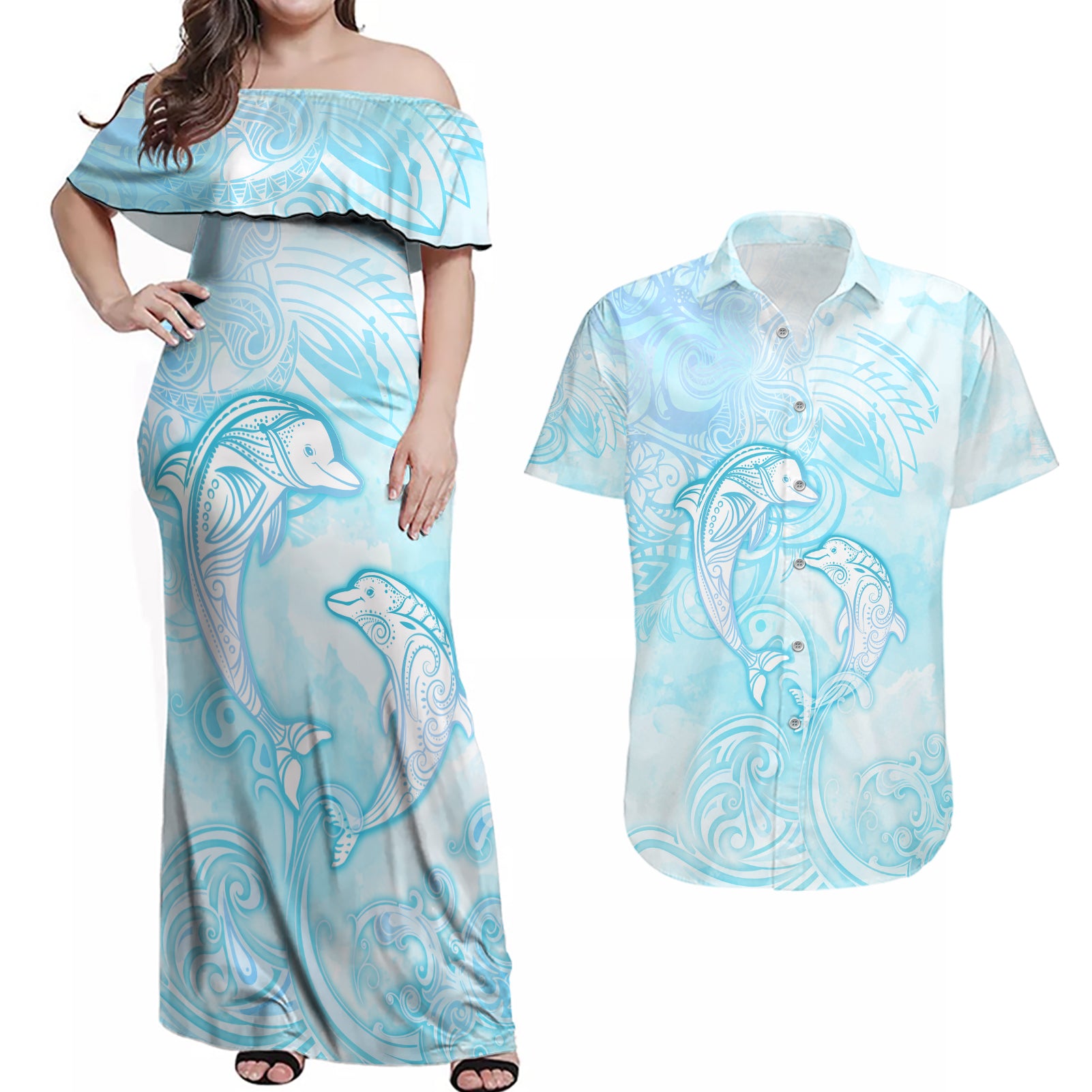 Polynesia Dolphins Under The Sea Couples Matching Off Shoulder Maxi Dress and Hawaiian Shirt Simple Style LT05 Baby Blue - Polynesian Pride