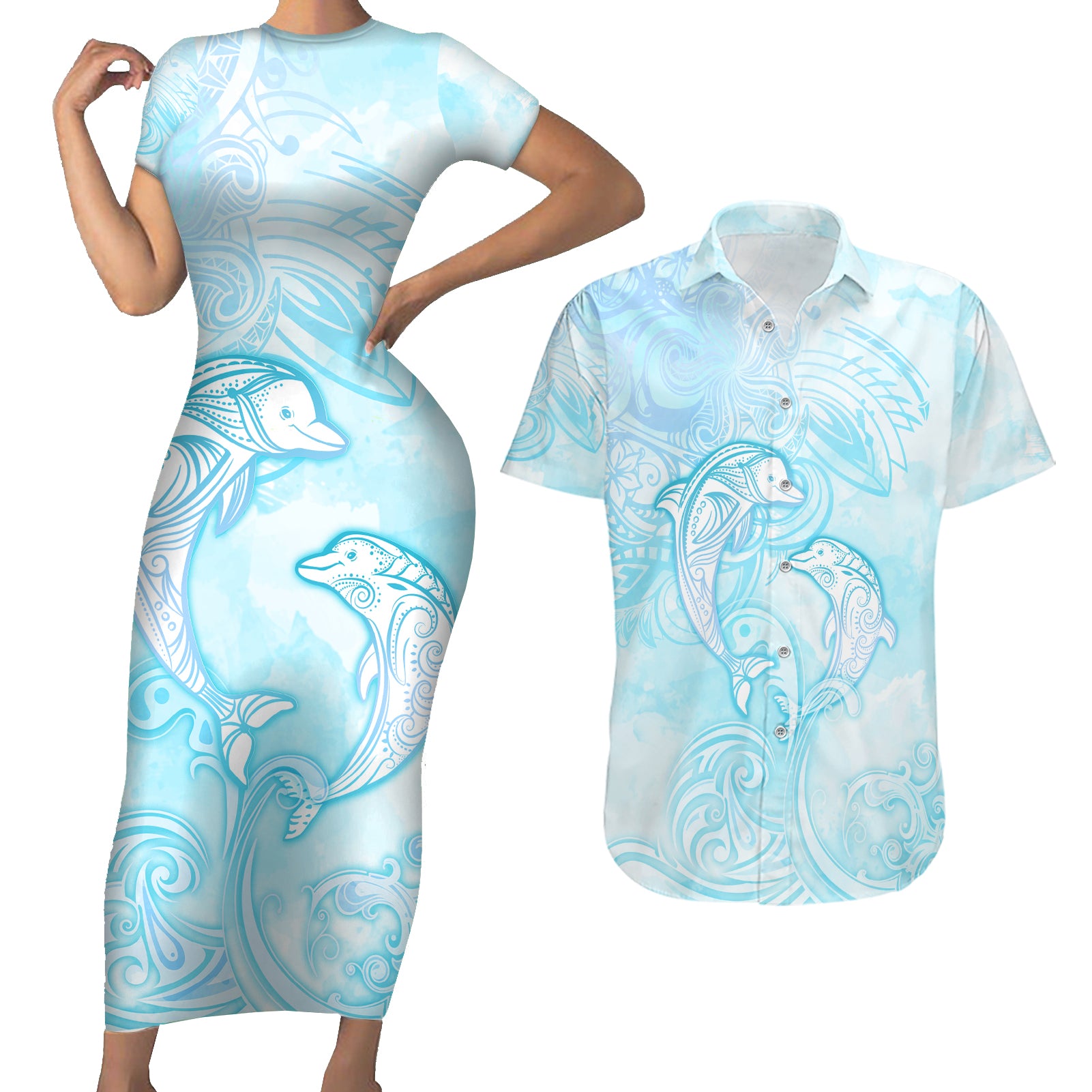 Polynesia Dolphins Under The Sea Couples Matching Short Sleeve Bodycon Dress and Hawaiian Shirt Simple Style LT05 Baby Blue - Polynesian Pride