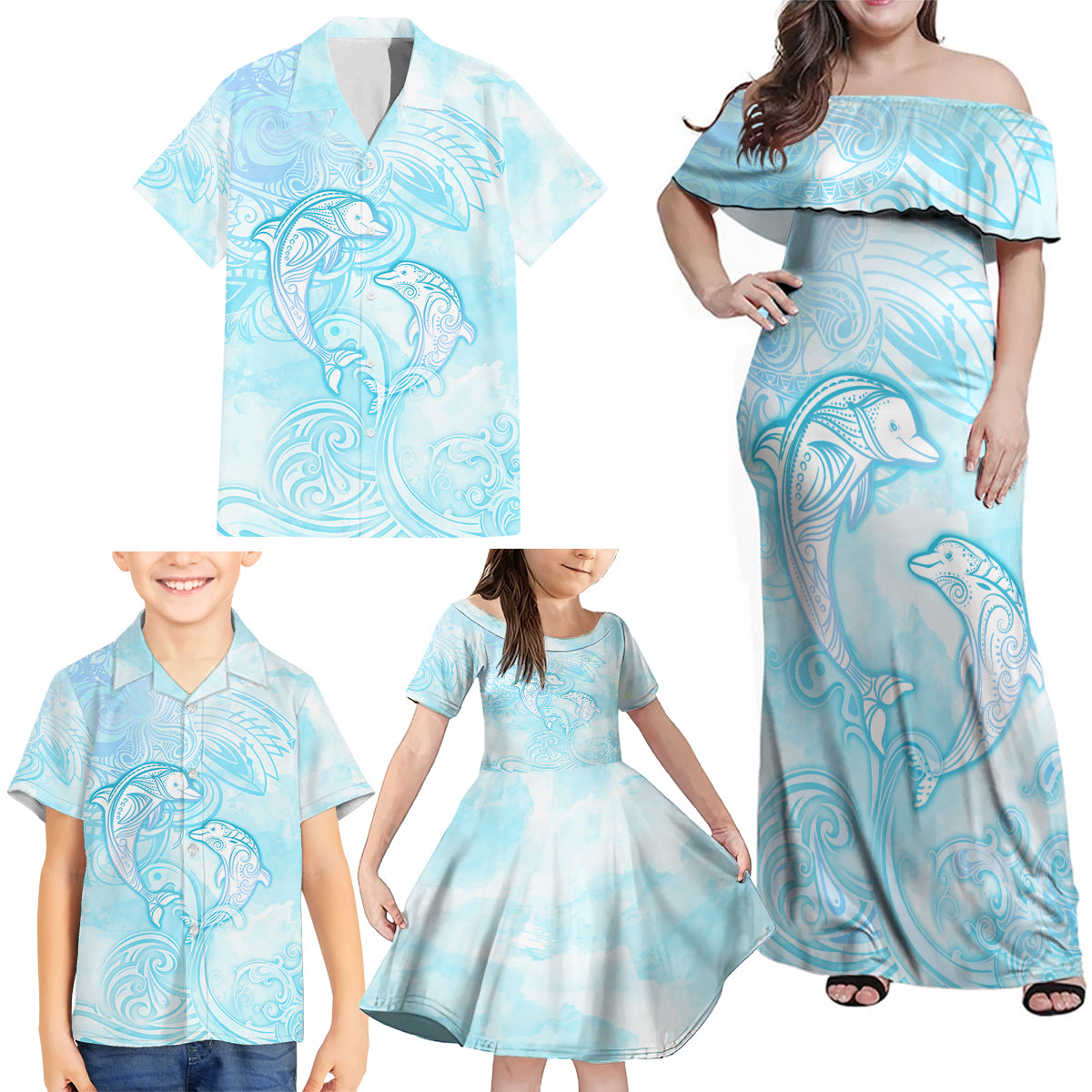 Polynesia Dolphins Under The Sea Family Matching Off Shoulder Maxi Dress and Hawaiian Shirt Simple Style LT05 - Polynesian Pride