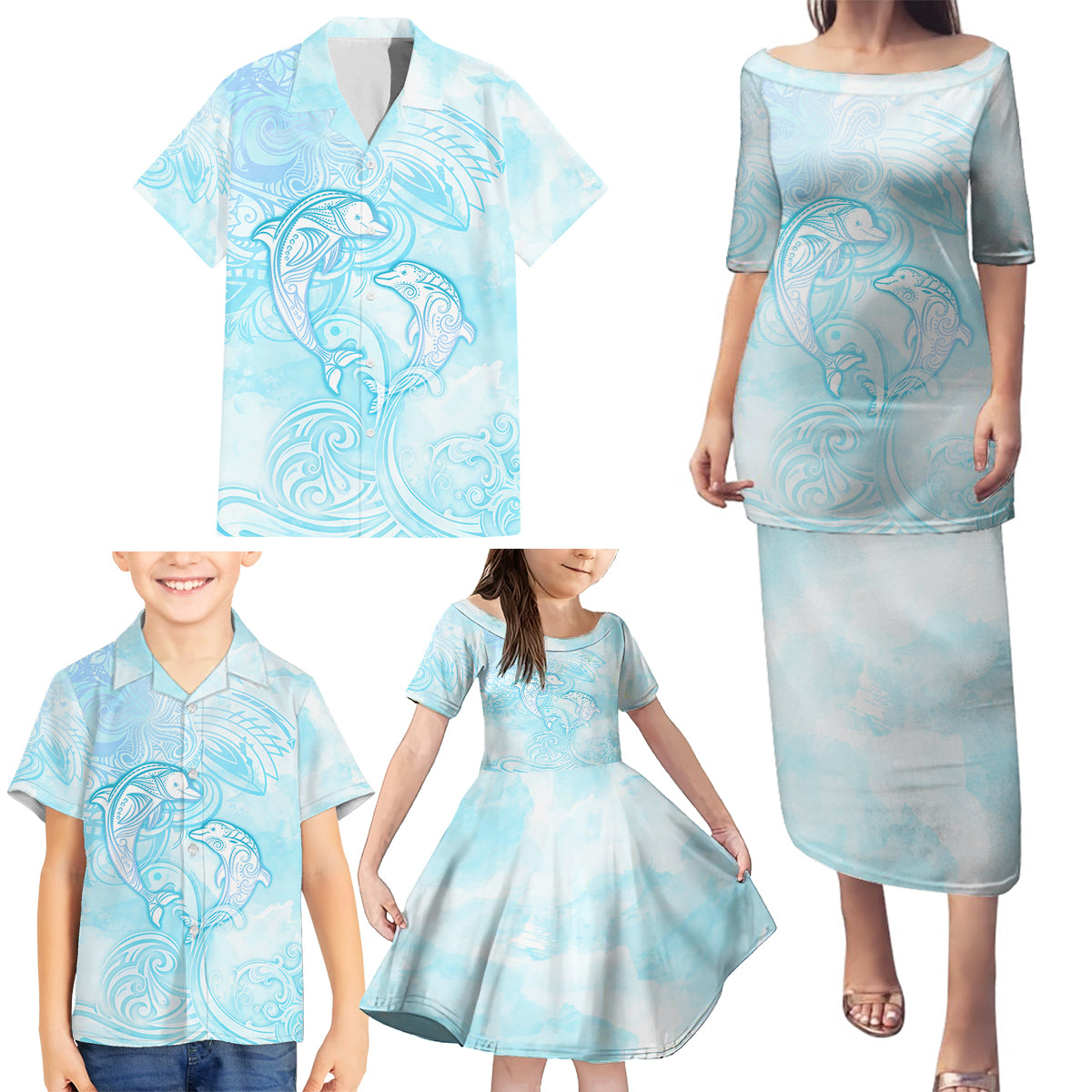 Polynesia Dolphins Under The Sea Family Matching Puletasi and Hawaiian Shirt Simple Style LT05 - Polynesian Pride