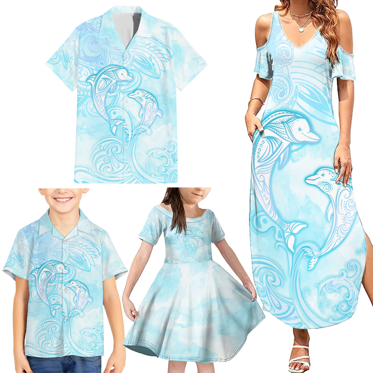 Polynesia Dolphins Under The Sea Family Matching Summer Maxi Dress and Hawaiian Shirt Simple Style LT05 - Polynesian Pride