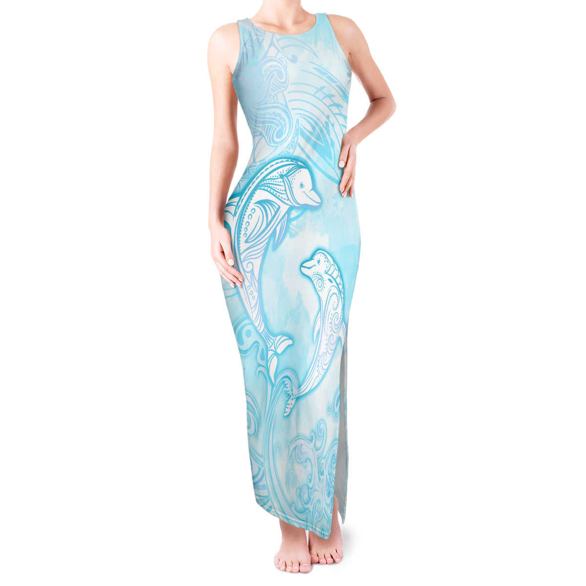 Polynesia Dolphins Under The Sea Tank Maxi Dress Simple Style LT05 Women Baby Blue - Polynesian Pride