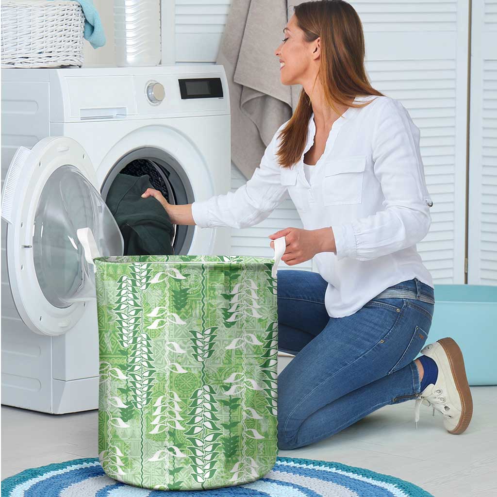 Green Hawaii Tapa Pattern Laundry Basket With Heliconia Vintage Style LT05 - Polynesian Pride
