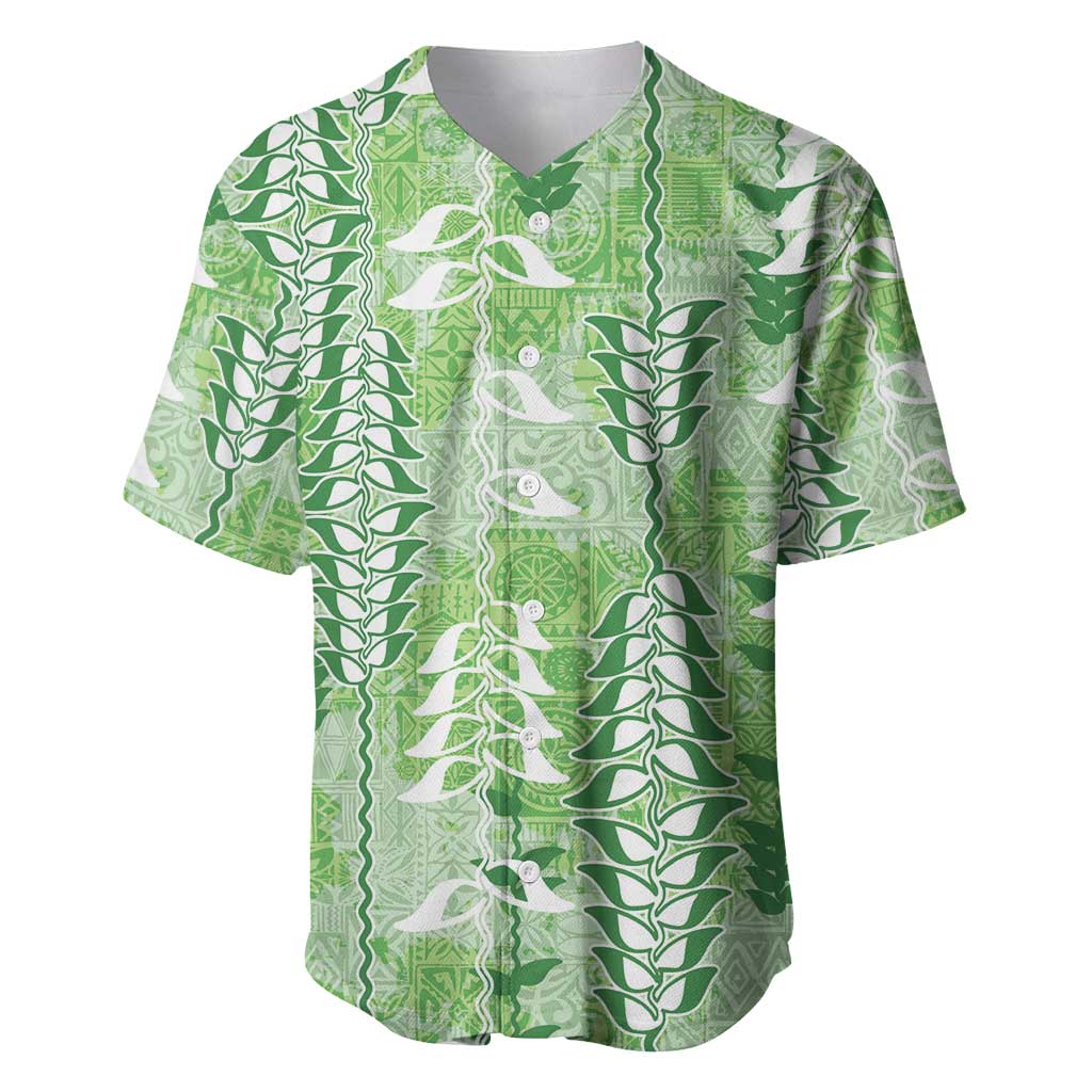 Green Hawaii Tapa Pattern Baseball Jersey With Heliconia Vintage Style