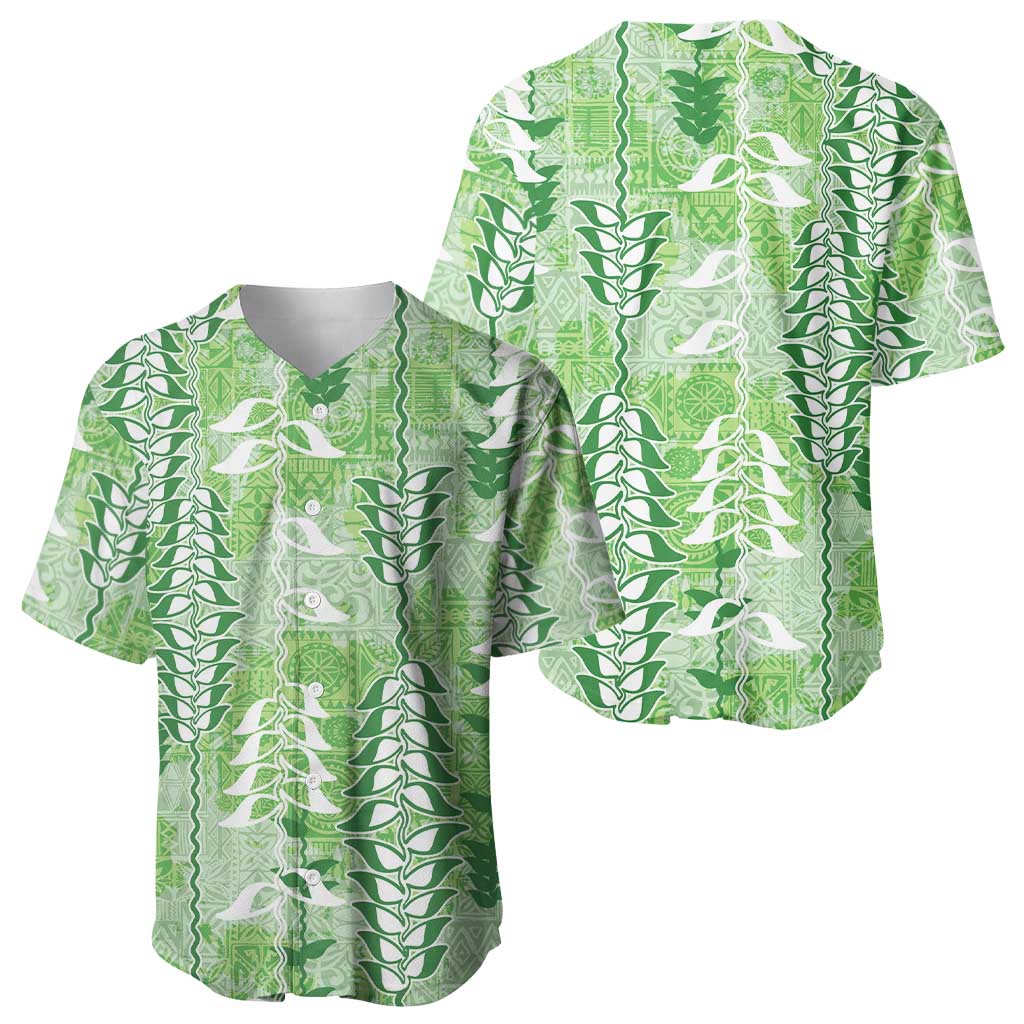 Green Hawaii Tapa Pattern Baseball Jersey With Heliconia Vintage Style
