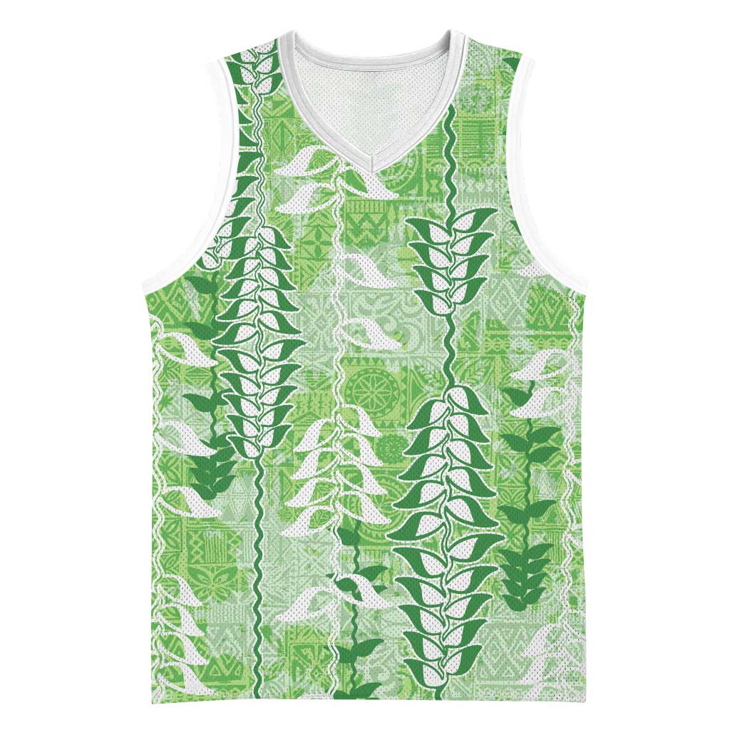 Green Hawaii Tapa Pattern Basketball Jersey With Heliconia Vintage Style LT05 Unisex Green - Polynesian Pride
