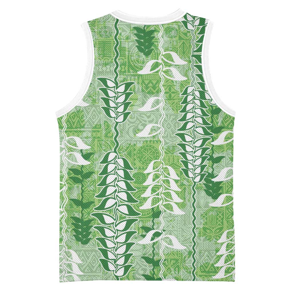 Green Hawaii Tapa Pattern Basketball Jersey With Heliconia Vintage Style LT05 - Polynesian Pride