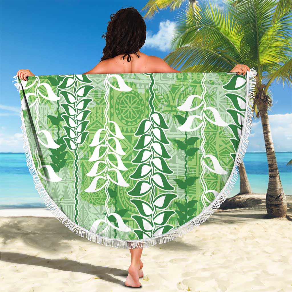 Green Hawaii Tapa Pattern Beach Blanket With Heliconia Vintage Style LT05 - Polynesian Pride