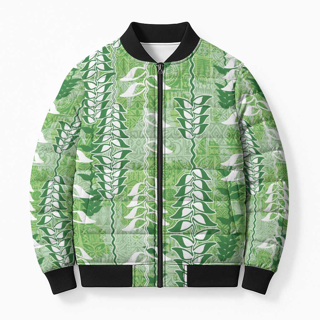 Green Hawaii Tapa Pattern Bomber Puffer Jacket With Heliconia Vintage Style LT05 Unisex Green - Polynesian Pride