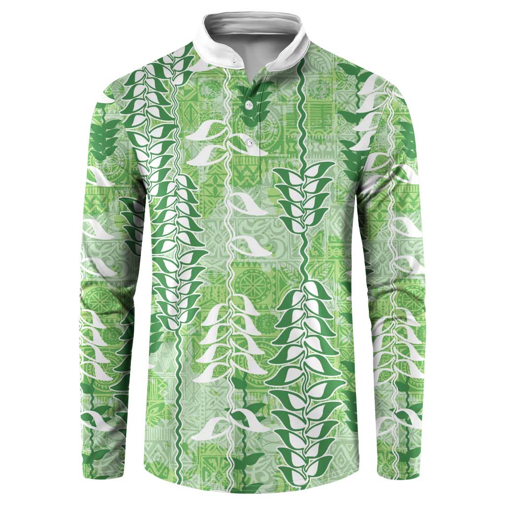 Green Hawaii Tapa Pattern Button Sweatshirt With Heliconia Vintage Style LT05 Green - Polynesian Pride