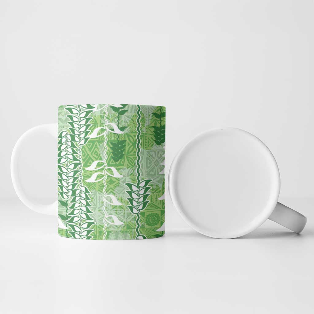 Green Hawaii Tapa Pattern Ceramic Mug With Heliconia Vintage Style LT05 - Polynesian Pride