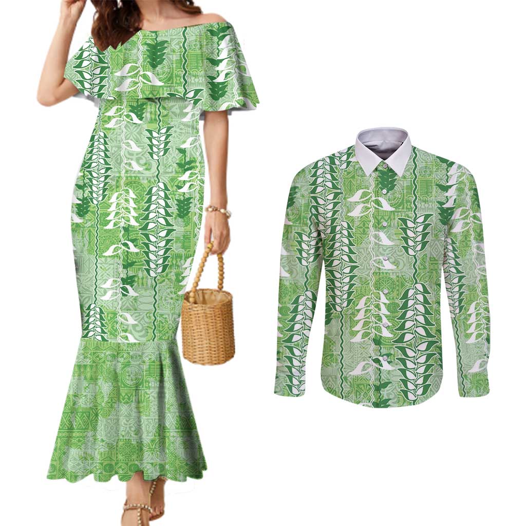 Green Hawaii Tapa Pattern Couples Matching Mermaid Dress and Long Sleeve Button Shirt With Heliconia Vintage Style LT05 Green - Polynesian Pride