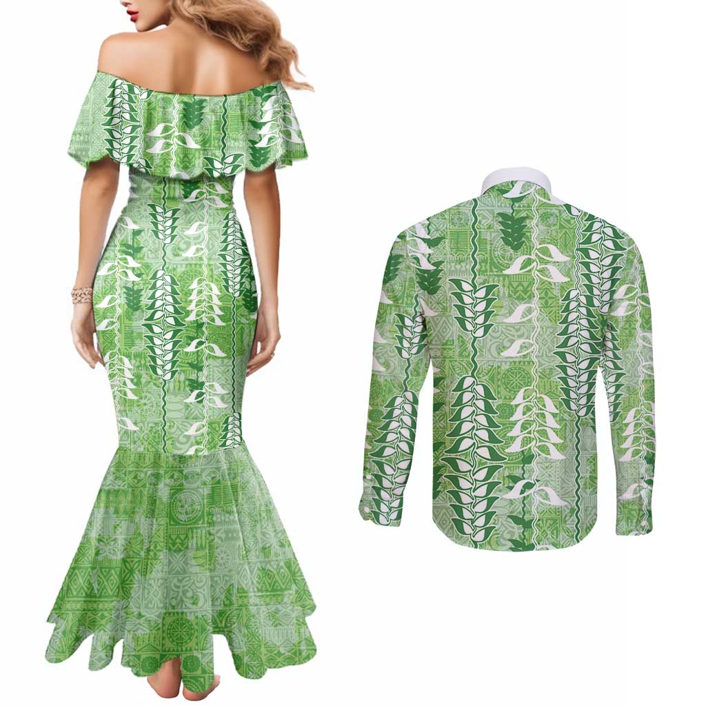 Green Hawaii Tapa Pattern Couples Matching Mermaid Dress and Long Sleeve Button Shirt With Heliconia Vintage Style LT05 - Polynesian Pride