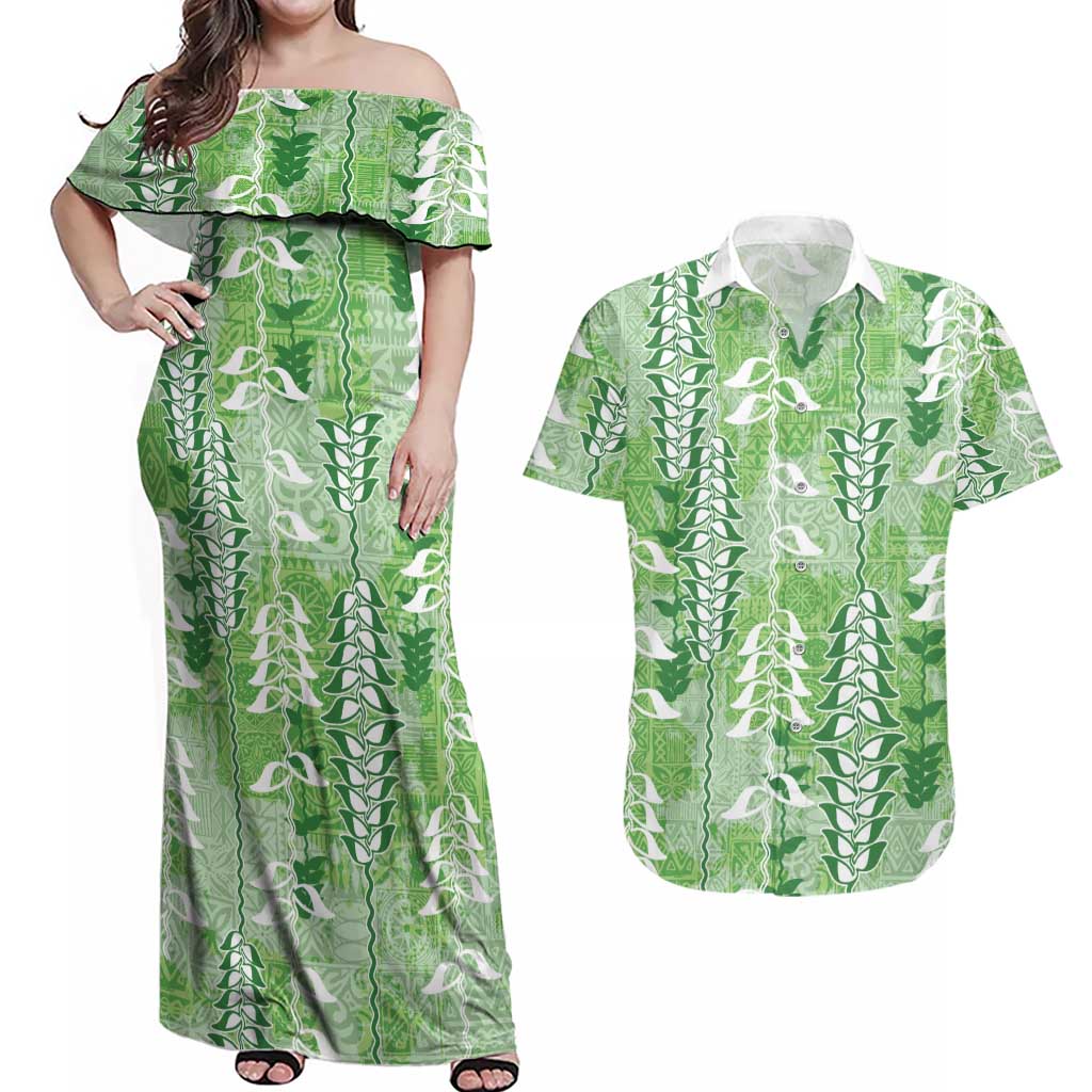 Green Hawaii Tapa Pattern Couples Matching Off Shoulder Maxi Dress and Hawaiian Shirt With Heliconia Vintage Style LT05 Green - Polynesian Pride