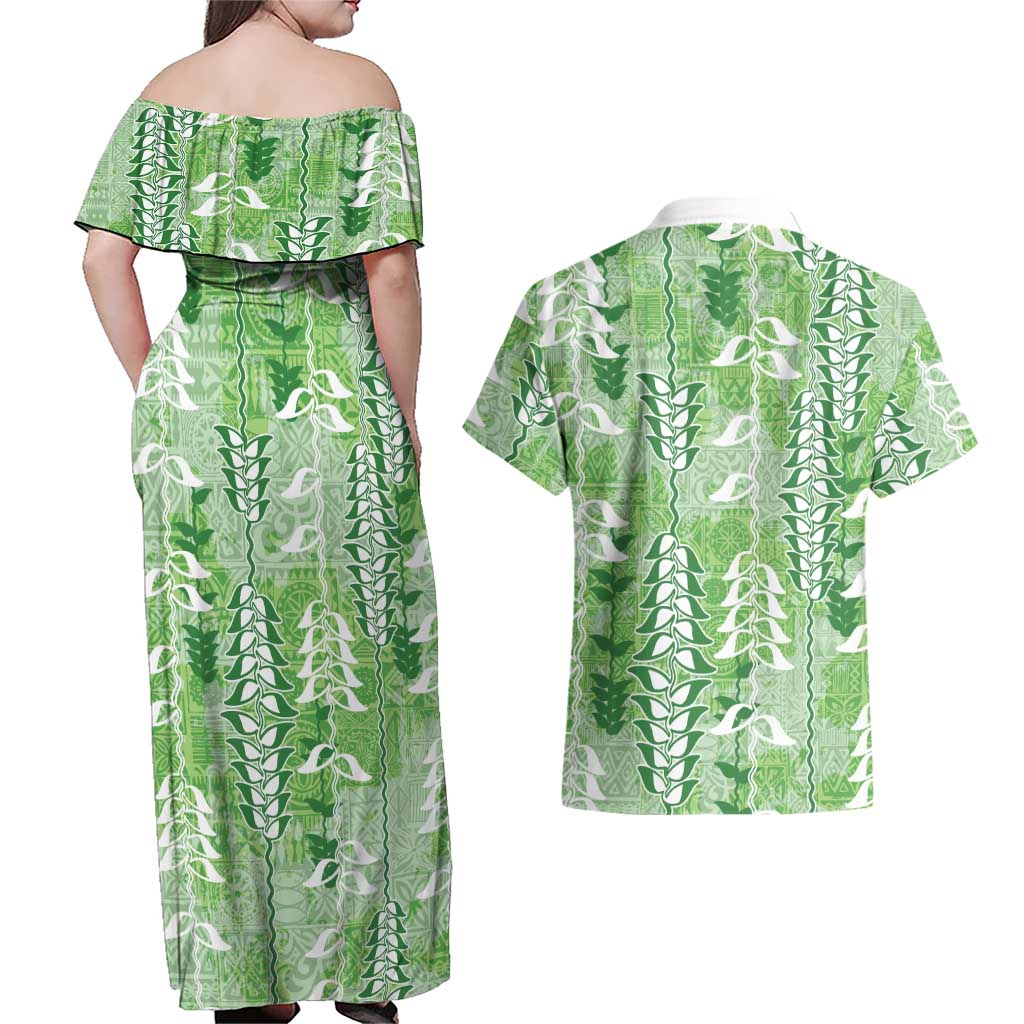Green Hawaii Tapa Pattern Couples Matching Off Shoulder Maxi Dress and Hawaiian Shirt With Heliconia Vintage Style LT05 - Polynesian Pride