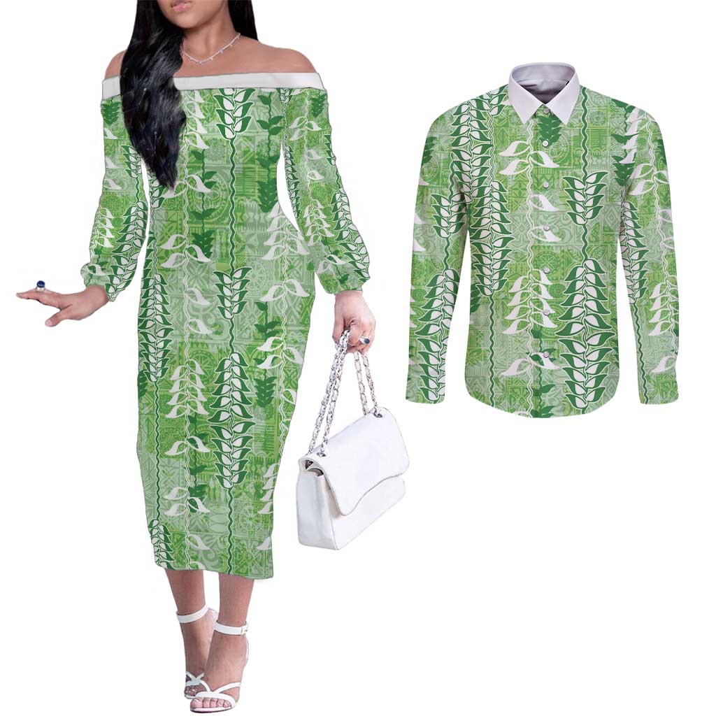 Green Hawaii Tapa Pattern Couples Matching Off The Shoulder Long Sleeve Dress and Long Sleeve Button Shirt With Heliconia Vintage Style LT05 Green - Polynesian Pride