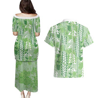 Green Hawaii Tapa Pattern Couples Matching Puletasi and Hawaiian Shirt With Heliconia Vintage Style LT05 - Polynesian Pride