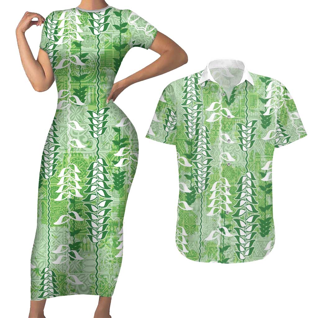 Green Hawaii Tapa Pattern Couples Matching Short Sleeve Bodycon Dress and Hawaiian Shirt With Heliconia Vintage Style LT05 Green - Polynesian Pride