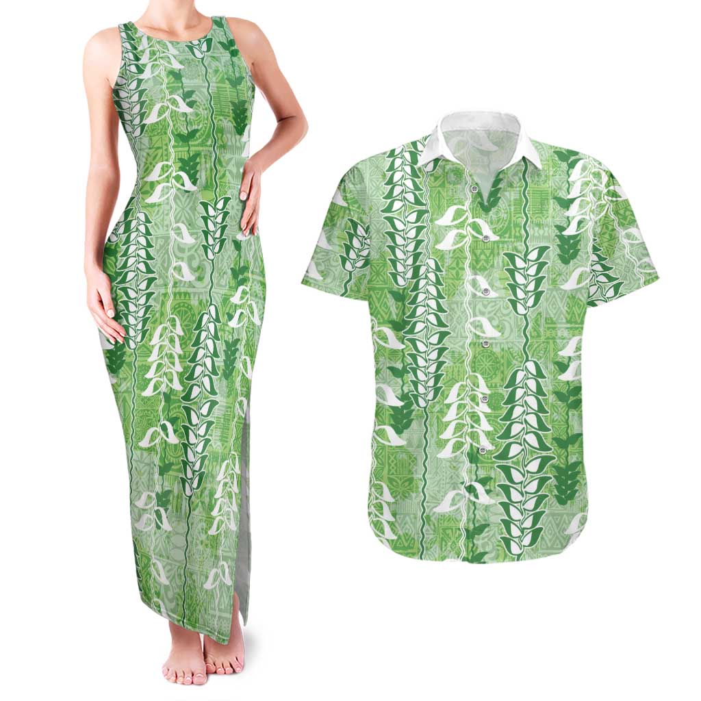 Green Hawaii Tapa Pattern Couples Matching Tank Maxi Dress and Hawaiian Shirt With Heliconia Vintage Style LT05 Green - Polynesian Pride