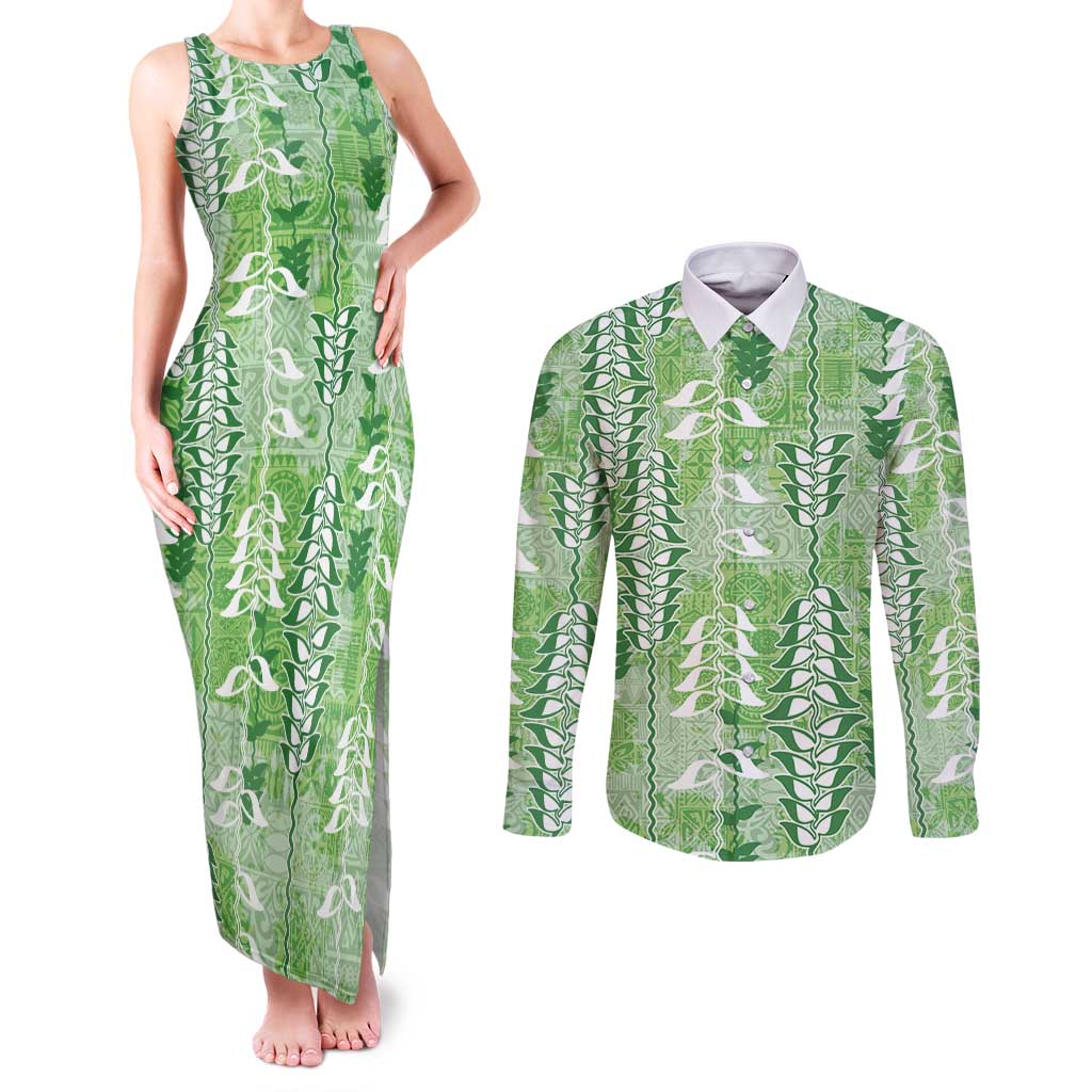 Green Hawaii Tapa Pattern Couples Matching Tank Maxi Dress and Long Sleeve Button Shirt With Heliconia Vintage Style LT05 Green - Polynesian Pride