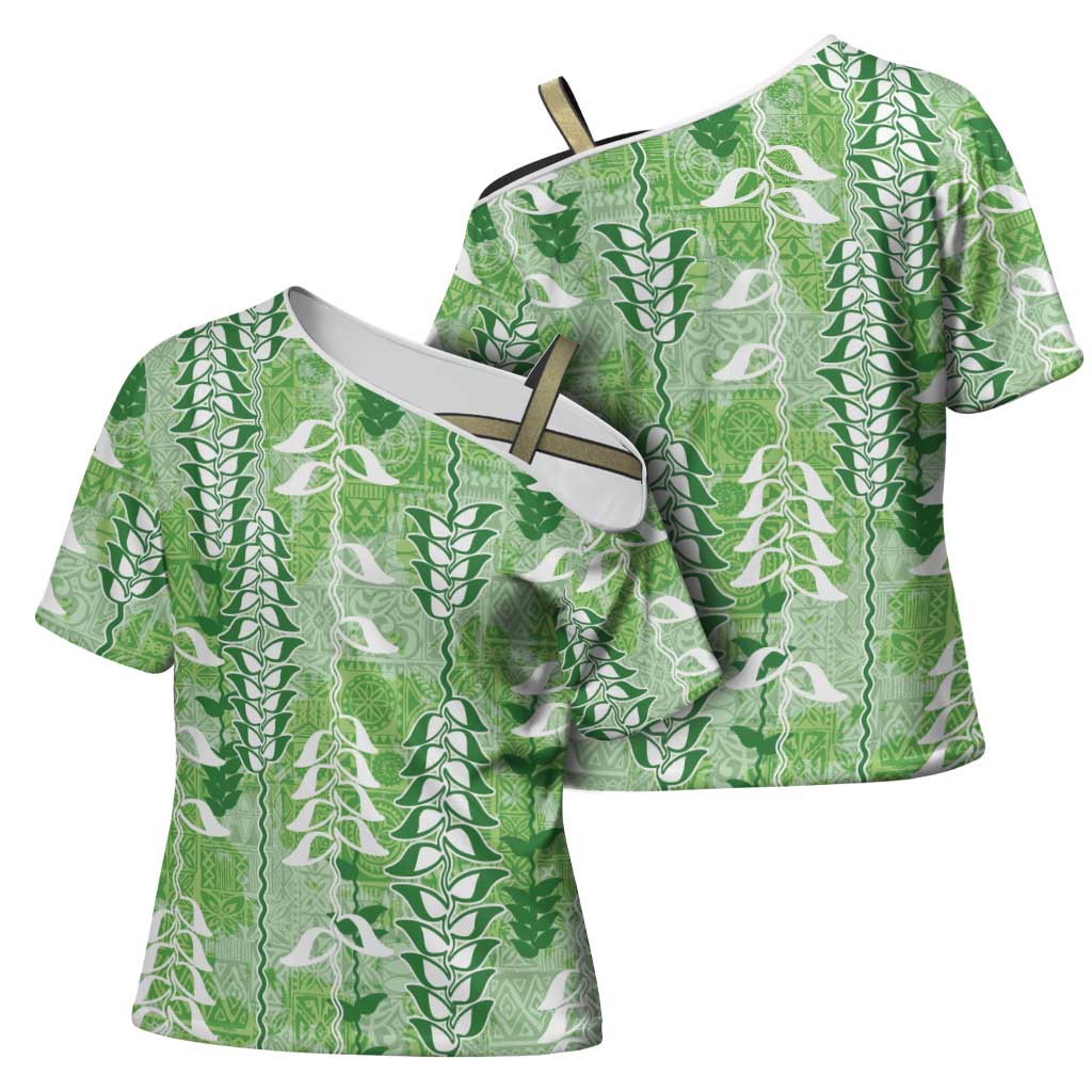 Green Hawaii Tapa Pattern Cross Shoulder Shirt With Heliconia Vintage Style LT05 - Polynesian Pride