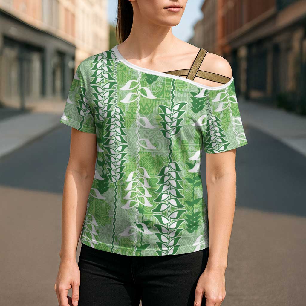 Green Hawaii Tapa Pattern Cross Shoulder Shirt With Heliconia Vintage Style LT05 - Polynesian Pride