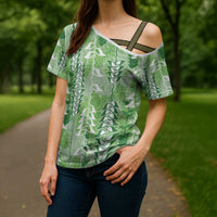 Green Hawaii Tapa Pattern Cross Shoulder Shirt With Heliconia Vintage Style LT05 - Polynesian Pride