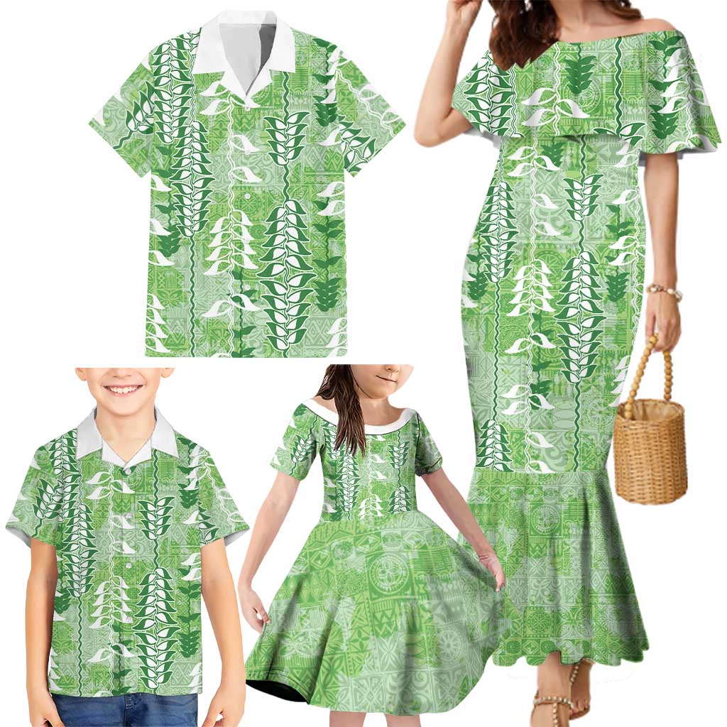 Green Hawaii Tapa Pattern Family Matching Mermaid Dress and Hawaiian Shirt With Heliconia Vintage Style