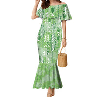 Green Hawaii Tapa Pattern Family Matching Mermaid Dress and Hawaiian Shirt With Heliconia Vintage Style