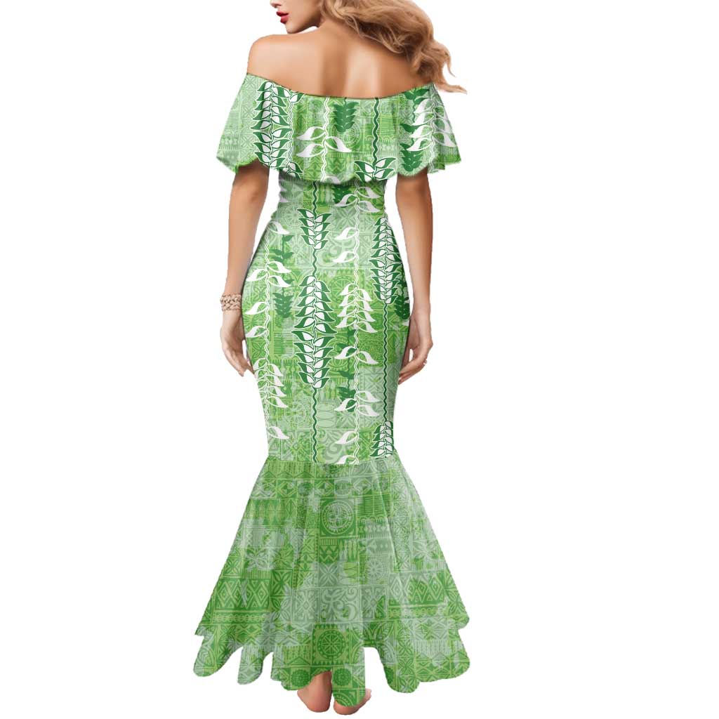 Green Hawaii Tapa Pattern Family Matching Mermaid Dress and Hawaiian Shirt With Heliconia Vintage Style