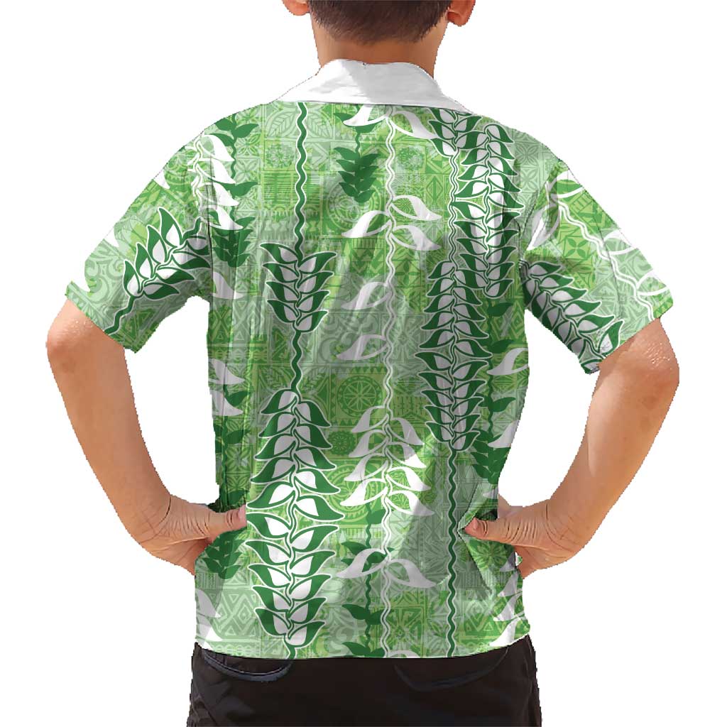 Green Hawaii Tapa Pattern Family Matching Off The Shoulder Long Sleeve Dress and Hawaiian Shirt With Heliconia Vintage Style
