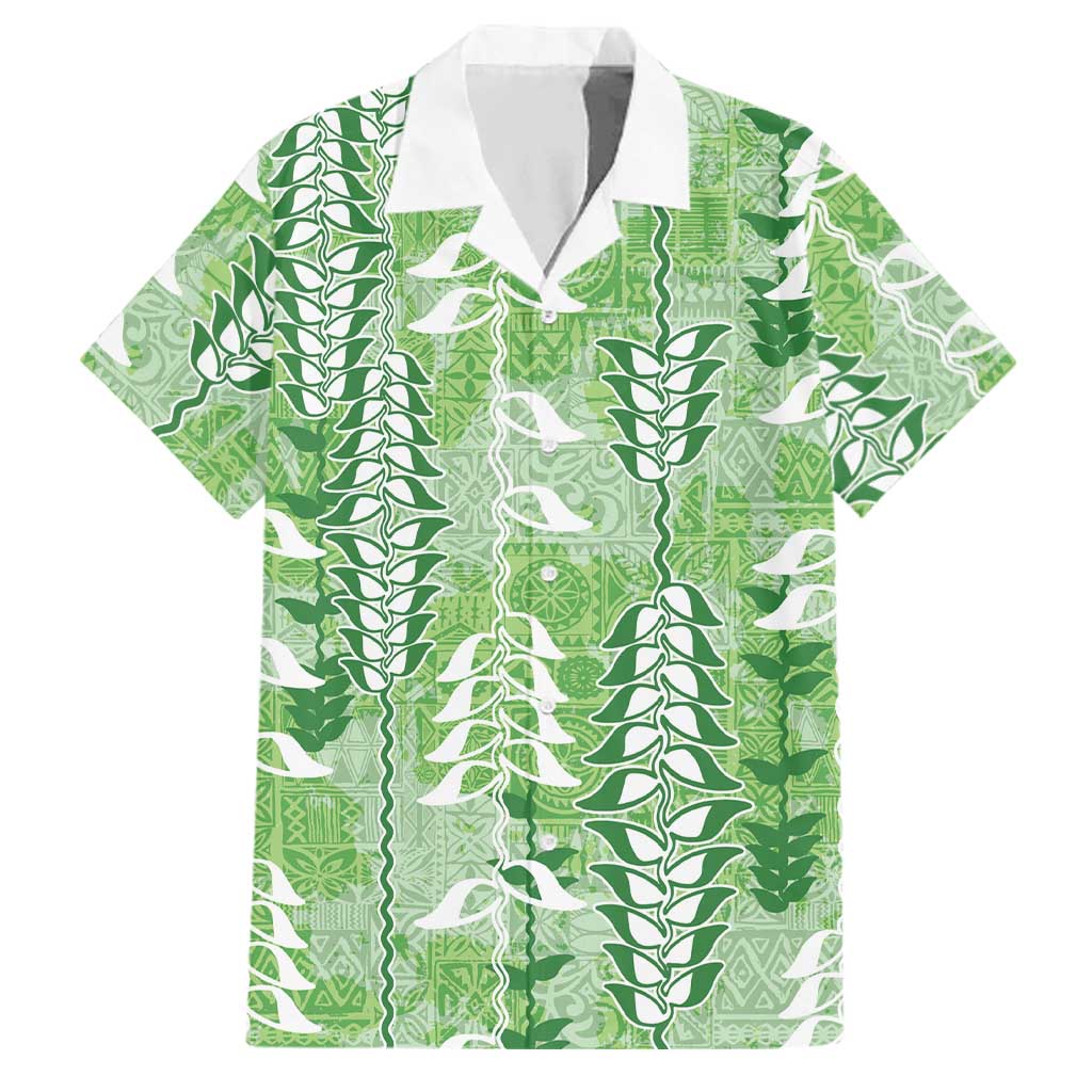 Green Hawaii Tapa Pattern Family Matching Off The Shoulder Long Sleeve Dress and Hawaiian Shirt With Heliconia Vintage Style