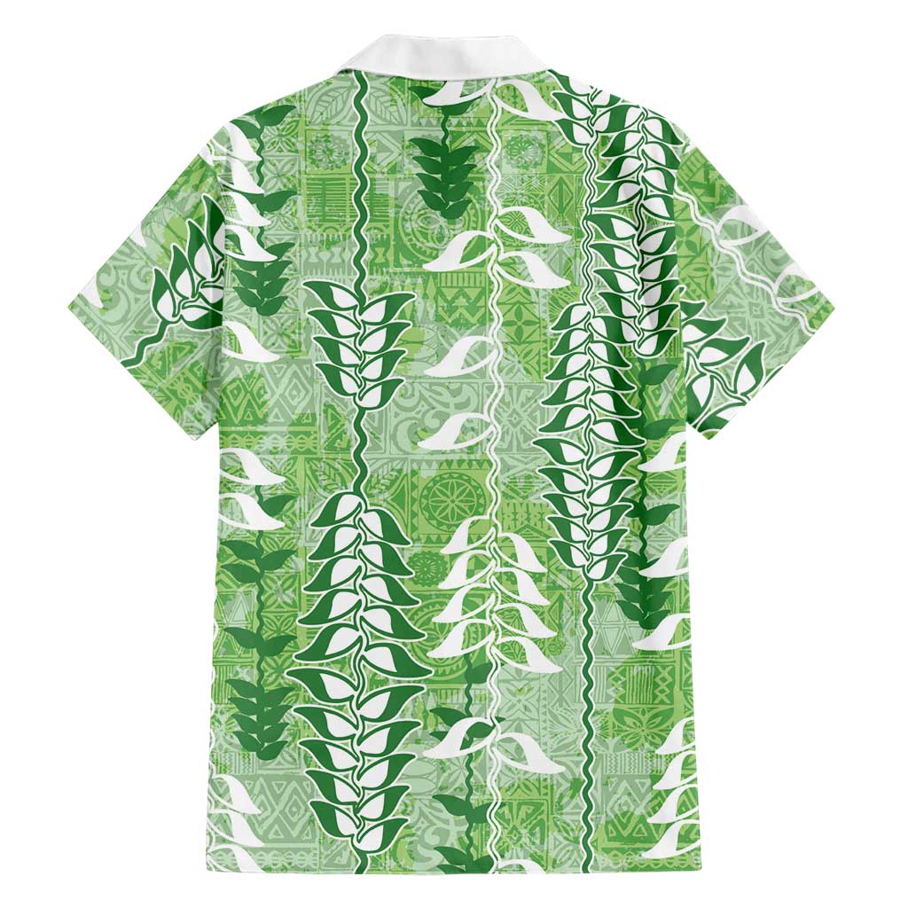 Green Hawaii Tapa Pattern Family Matching Off The Shoulder Long Sleeve Dress and Hawaiian Shirt With Heliconia Vintage Style