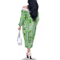 Green Hawaii Tapa Pattern Family Matching Off The Shoulder Long Sleeve Dress and Hawaiian Shirt With Heliconia Vintage Style
