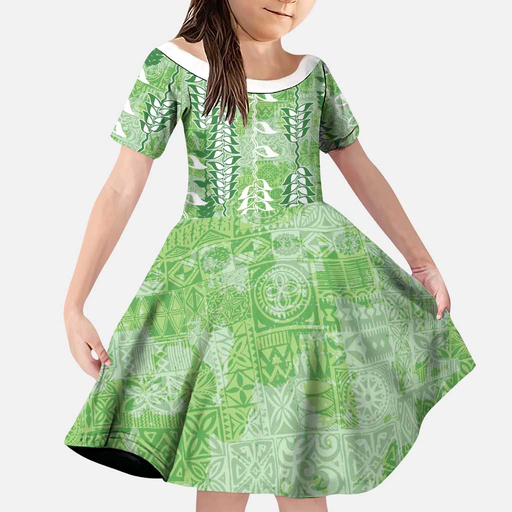 Green Hawaii Tapa Pattern Family Matching Off Shoulder Maxi Dress and Hawaiian Shirt With Heliconia Vintage Style