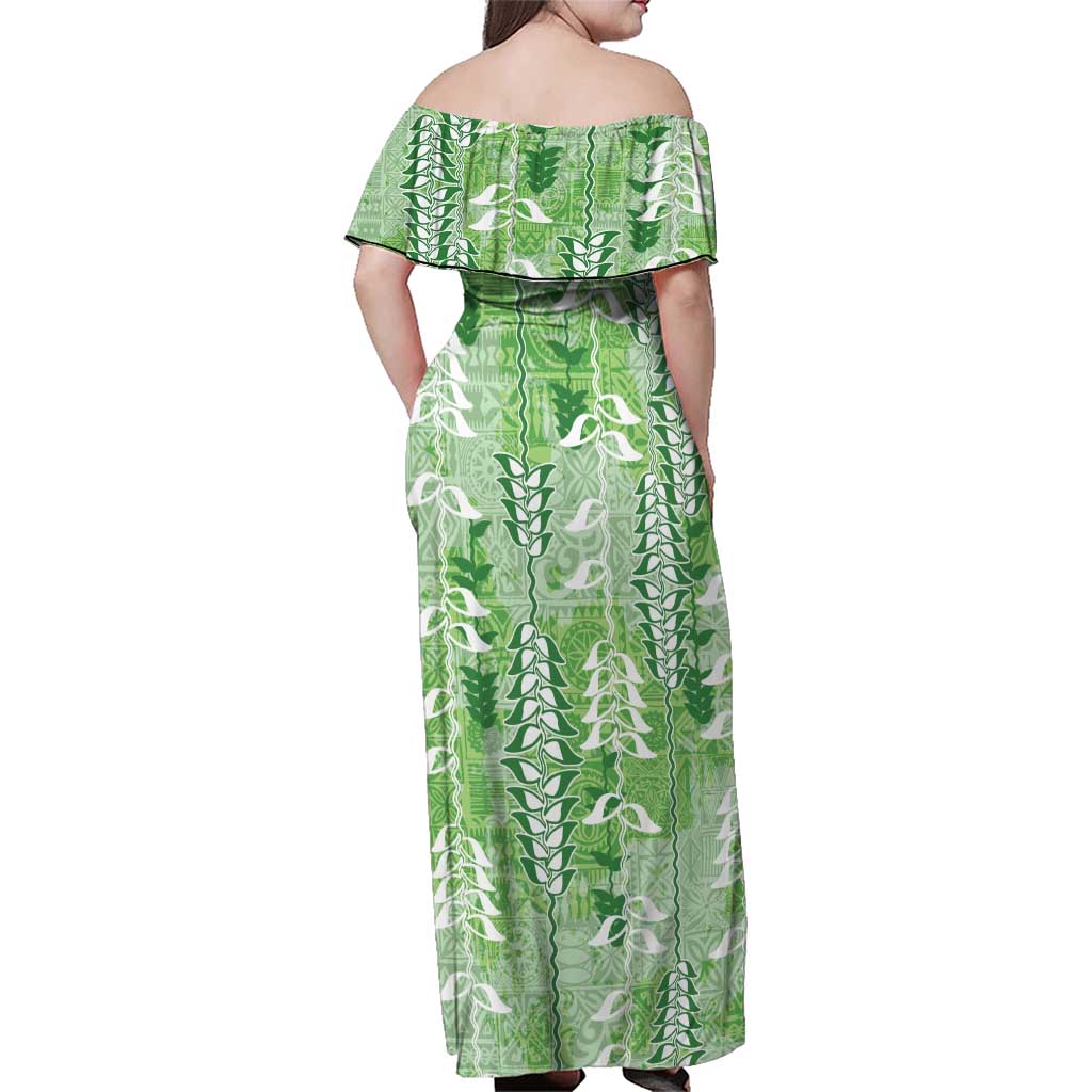 Green Hawaii Tapa Pattern Family Matching Off Shoulder Maxi Dress and Hawaiian Shirt With Heliconia Vintage Style