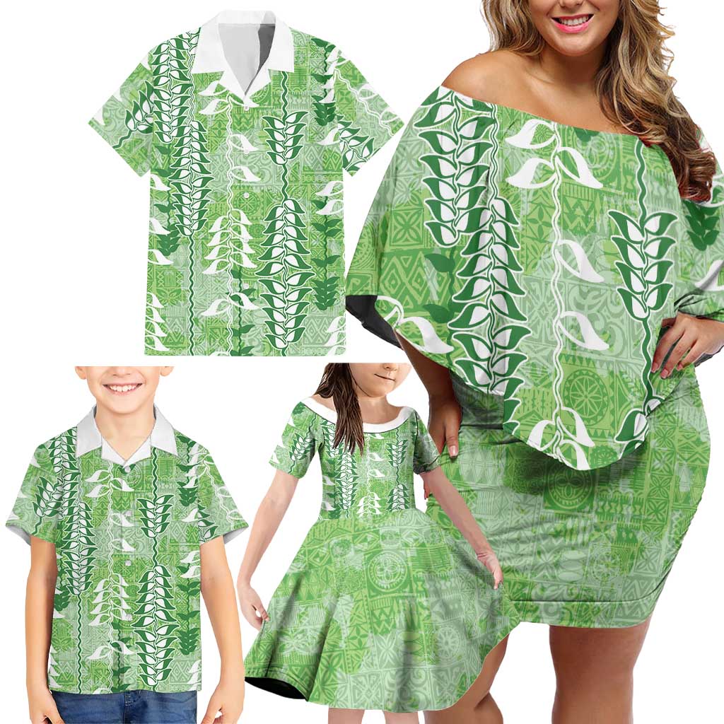 Green Hawaii Tapa Pattern Family Matching Off Shoulder Short Dress and Hawaiian Shirt With Heliconia Vintage Style