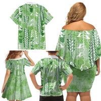 Green Hawaii Tapa Pattern Family Matching Off Shoulder Short Dress and Hawaiian Shirt With Heliconia Vintage Style